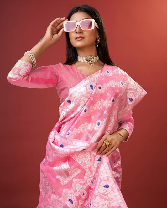 Embellished Pink Cotton Silk Saree With Opulent Blouse Piece