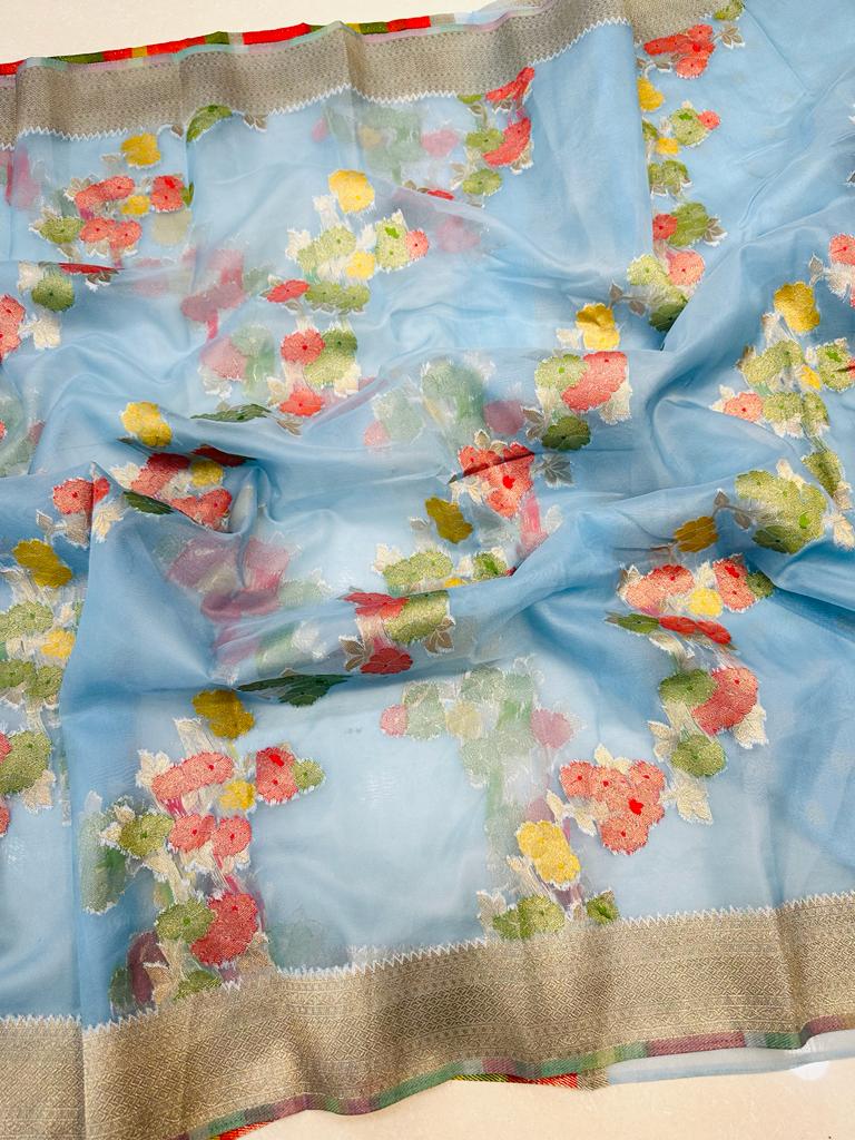 Appealing Sky Organza Silk Saree with Adorning Blouse Piece
