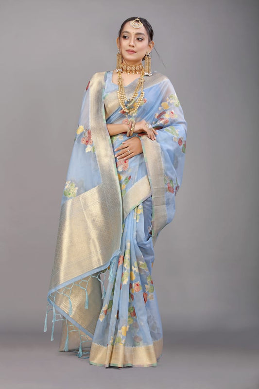 Appealing Sky Organza Silk Saree with Adorning Blouse Piece