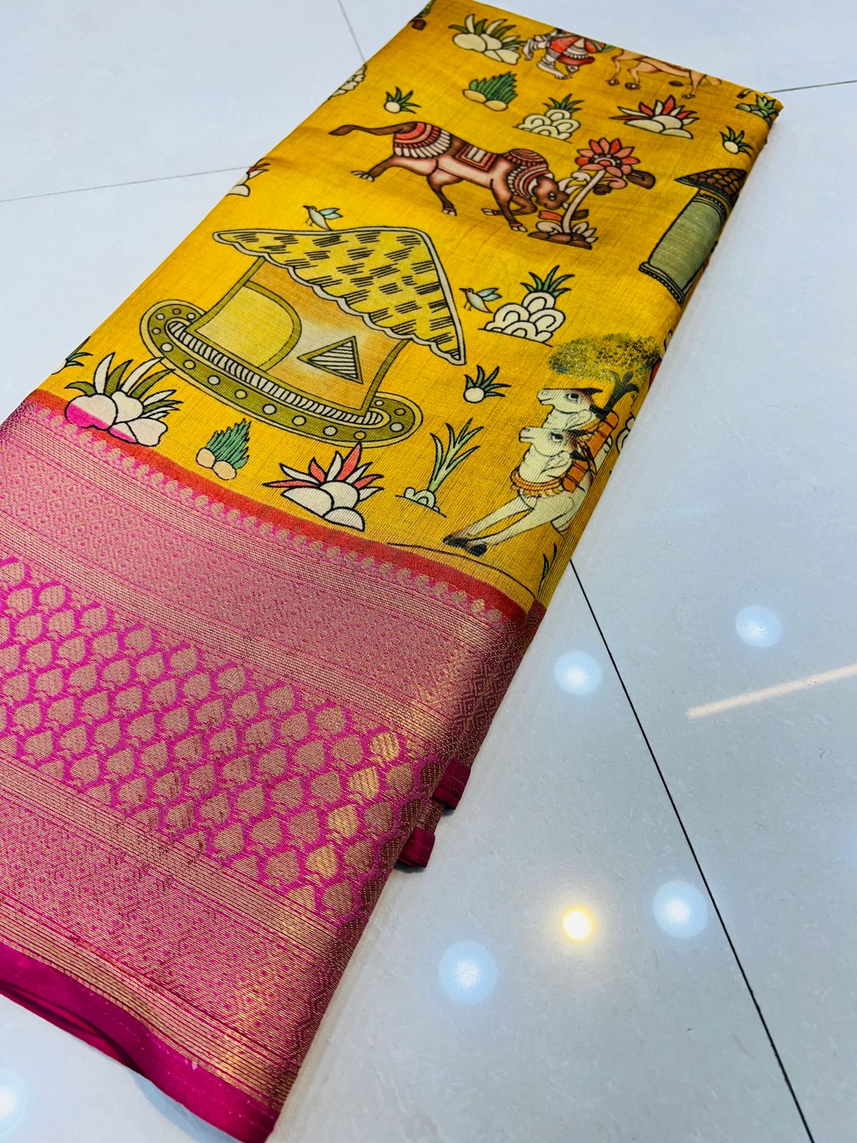 Vestigial Yellow Kalamkari Printed Saree With Redolent Blouse Piece