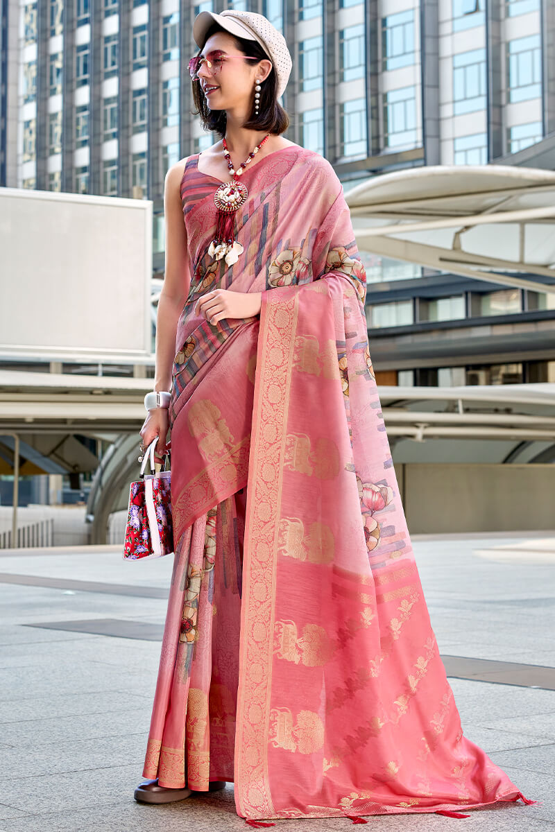 Unequalled Pink Digital Printed Soft Silk Saree With Piquant Blouse Piece