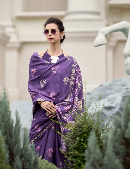 Tremendous Purple Printed Mul Cotton Saree With Alluring Blouse Piece