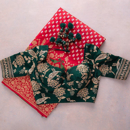 Assemblage Red Soft Banarasi Silk Saree With Demesne Two Blouse Piece