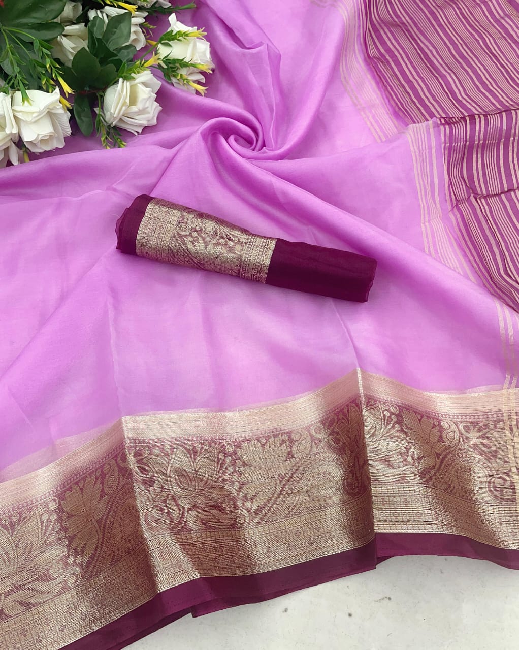 Ravishing Lavender Orgenza Silk Saree With Intricate Blouse Piece
