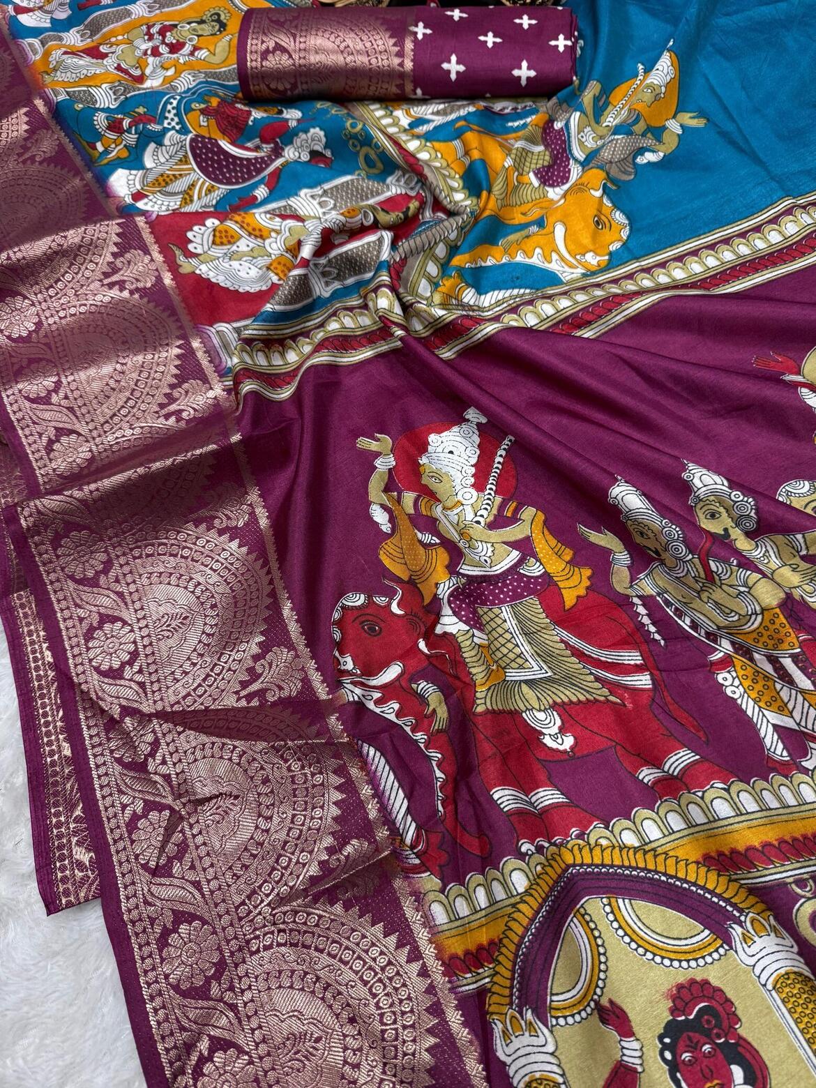 Glowing Firozi Digital Printed Dola Silk Saree With Blooming Blouse Piece