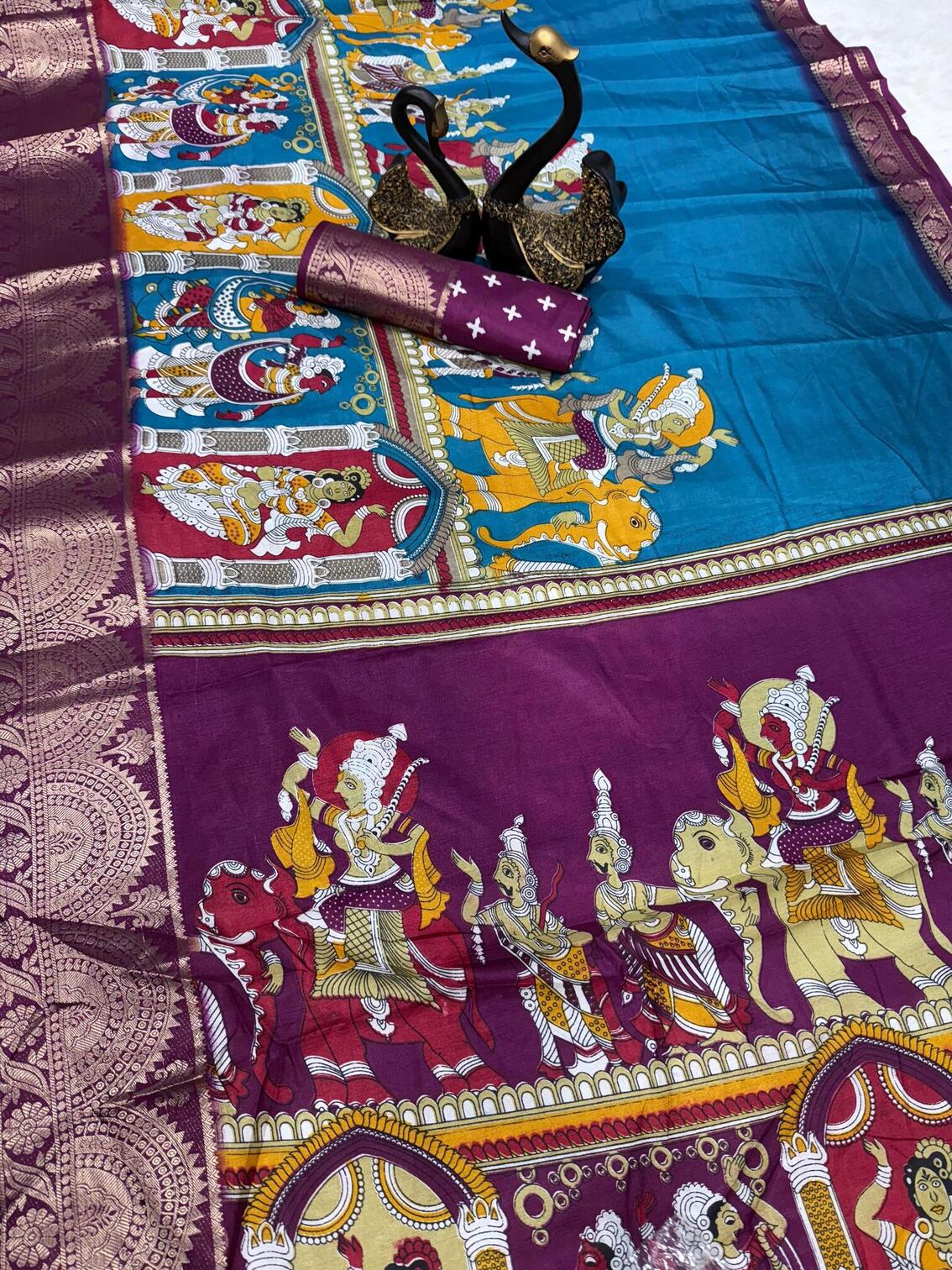 Glowing Firozi Digital Printed Dola Silk Saree With Blooming Blouse Piece