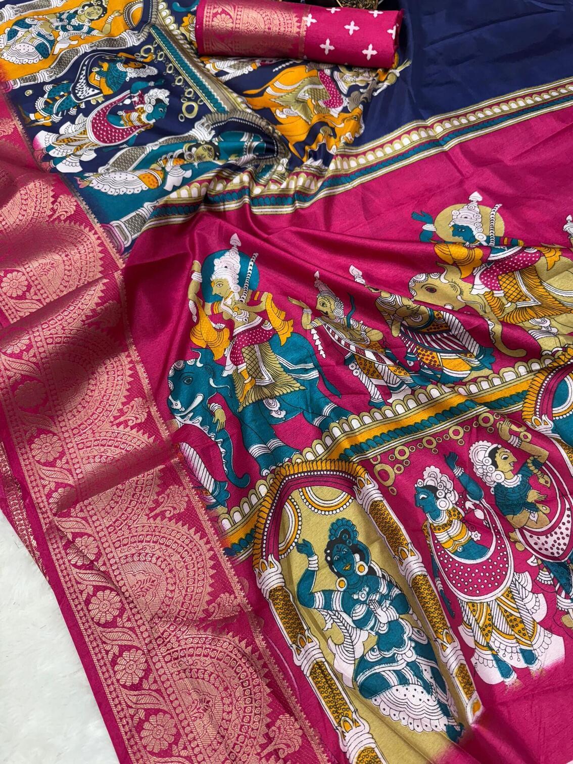 Ravishing Navy Blue Digital Printed Dola Silk Saree With Groovy Blouse Piece