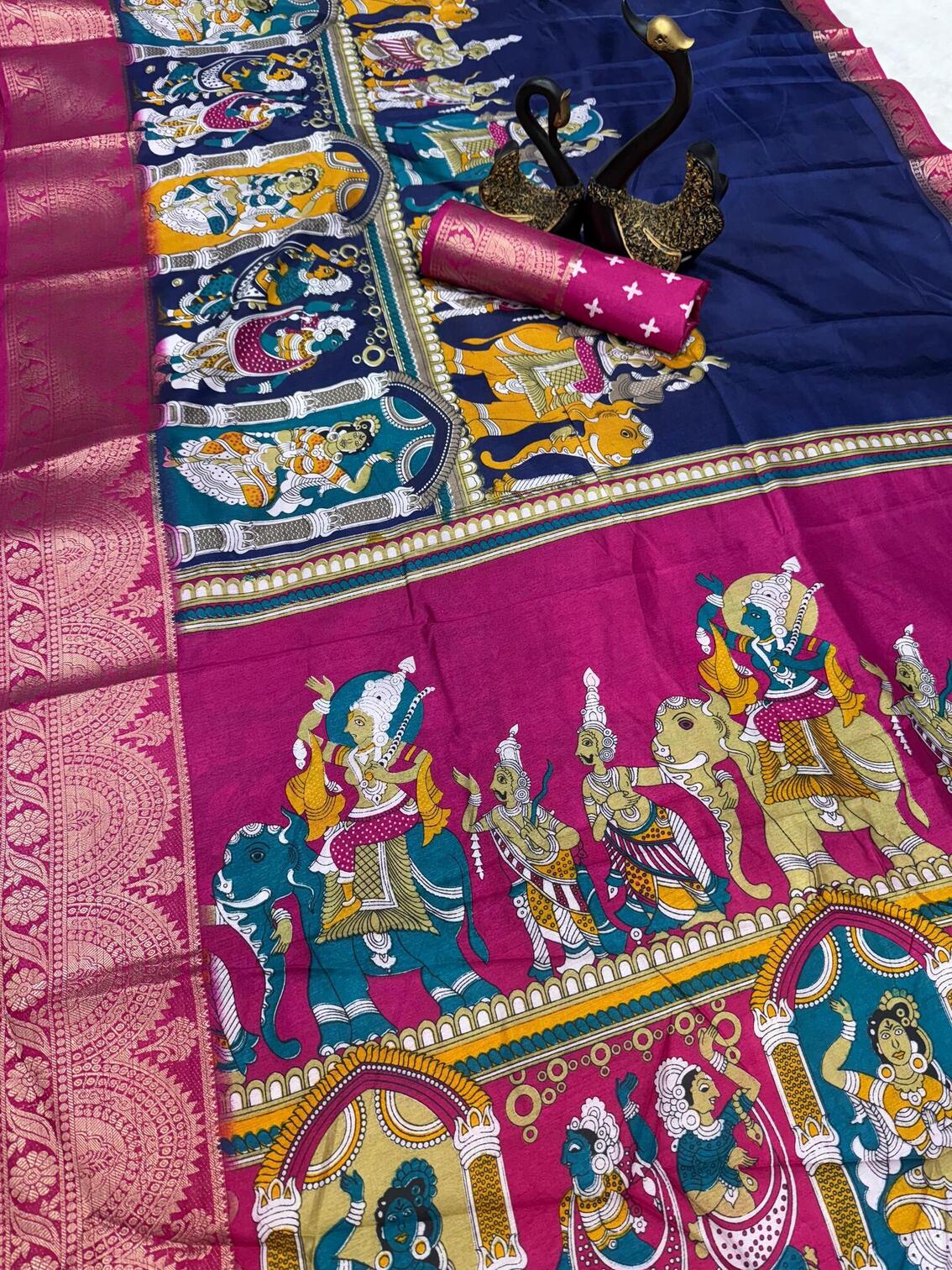 Ravishing Navy Blue Digital Printed Dola Silk Saree With Groovy Blouse Piece