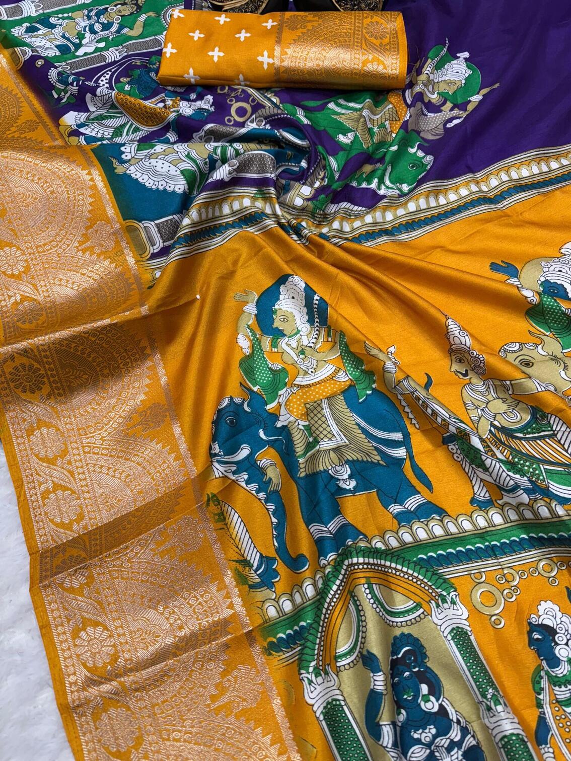 Chatoyant Royal Blue Digital Printed Dola Silk Saree With Assemblage Blouse Piece