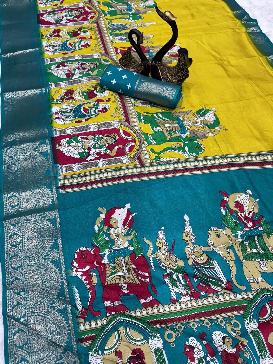 Demure Yellow Digital Printed Dola Silk Saree With Lassitude Blouse Piece