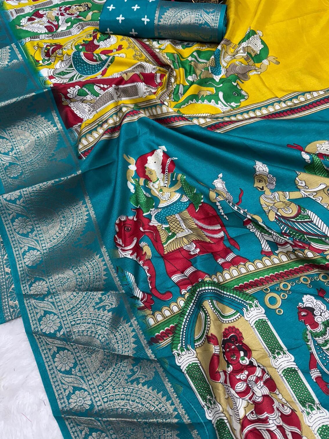Demure Yellow Digital Printed Dola Silk Saree With Lassitude Blouse Piece