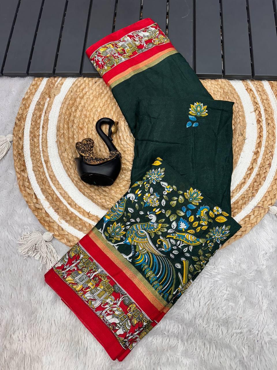 Elegant Dark Green Digital Printed Dola Silk Saree With Capricious Blouse Piece