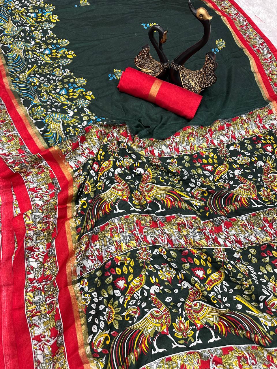 Elegant Dark Green Digital Printed Dola Silk Saree With Capricious Blouse Piece