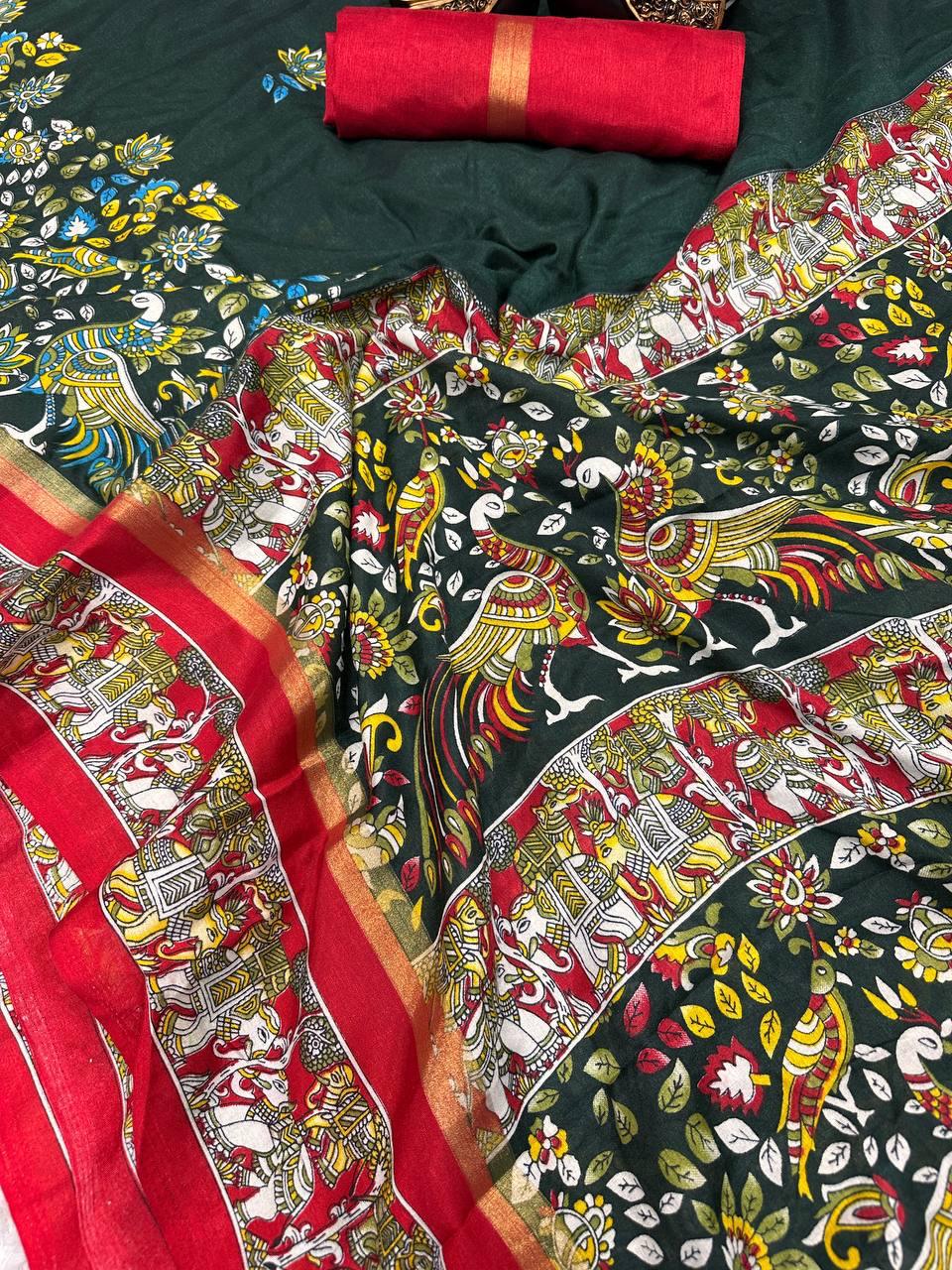 Elegant Dark Green Digital Printed Dola Silk Saree With Capricious Blouse Piece