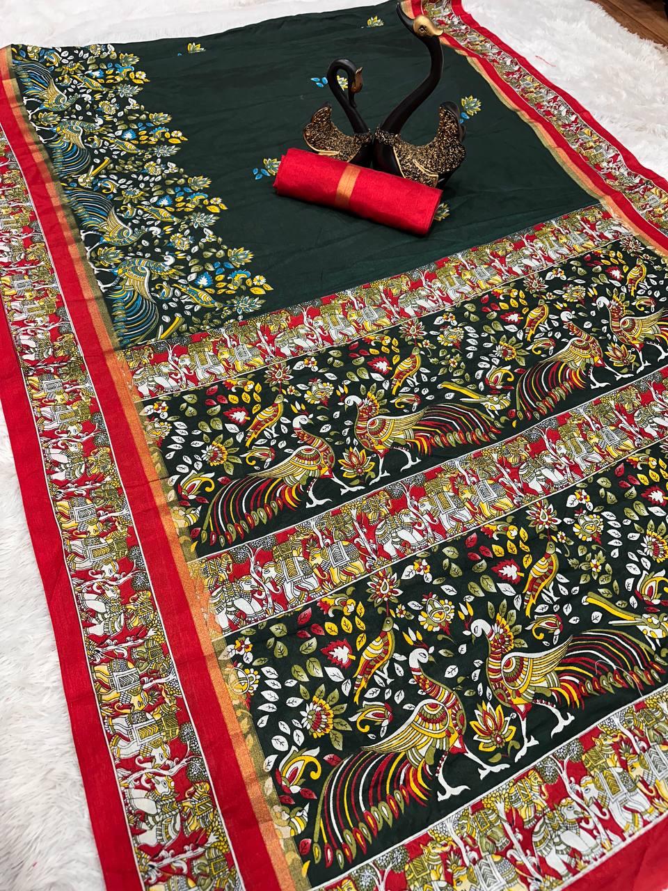 Elegant Dark Green Digital Printed Dola Silk Saree With Capricious Blouse Piece