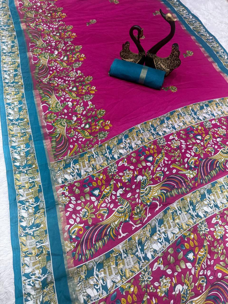 Beautiful Dark Pink Digital Printed Dola Silk Saree With Appealing Blouse Piece