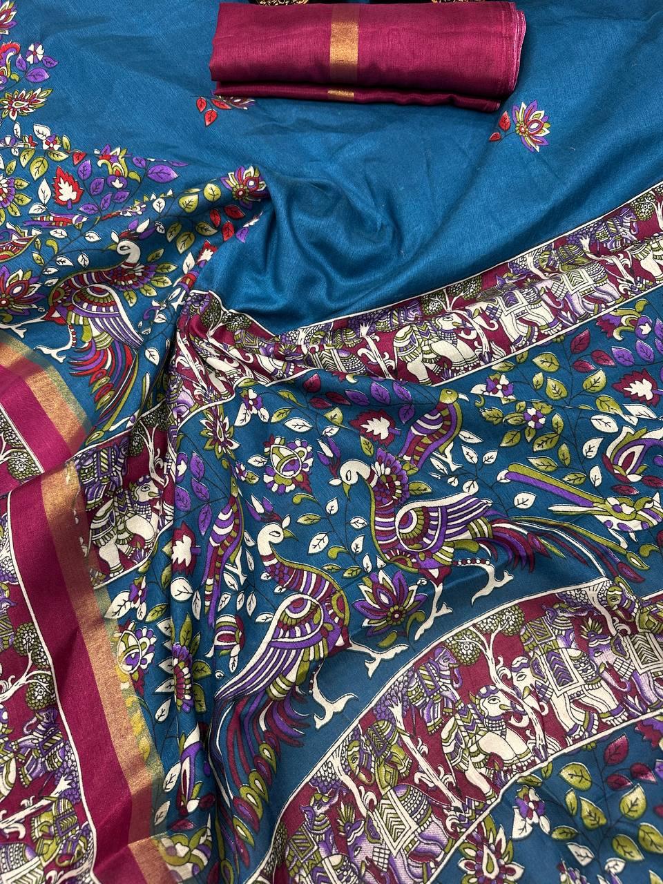Radiant Navy Blue Digital Printed Dola Silk Saree With Fairytale Blouse Piece