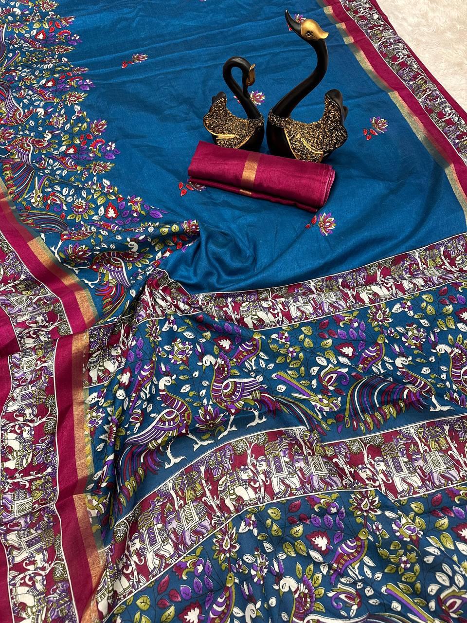 Radiant Navy Blue Digital Printed Dola Silk Saree With Fairytale Blouse Piece