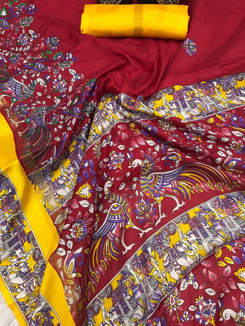 Exquisite Red Digital Printed Dola Silk Saree With Comely Blouse Piece