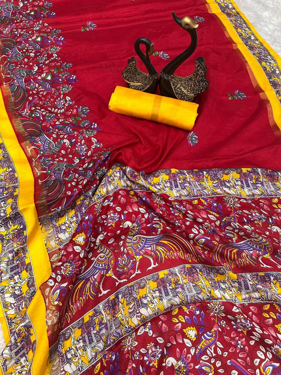 Exquisite Red Digital Printed Dola Silk Saree With Comely Blouse Piece