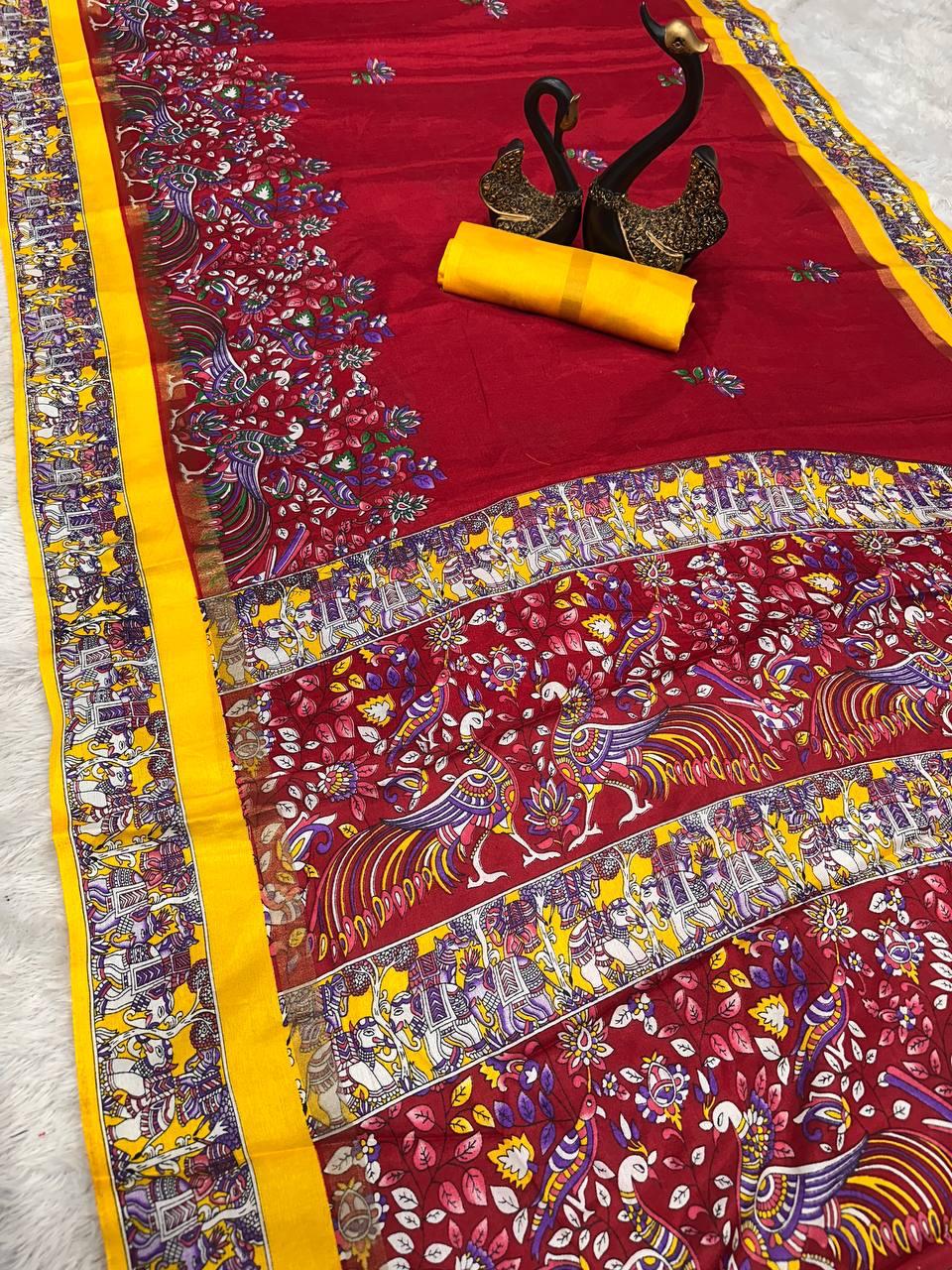 Exquisite Red Digital Printed Dola Silk Saree With Comely Blouse Piece