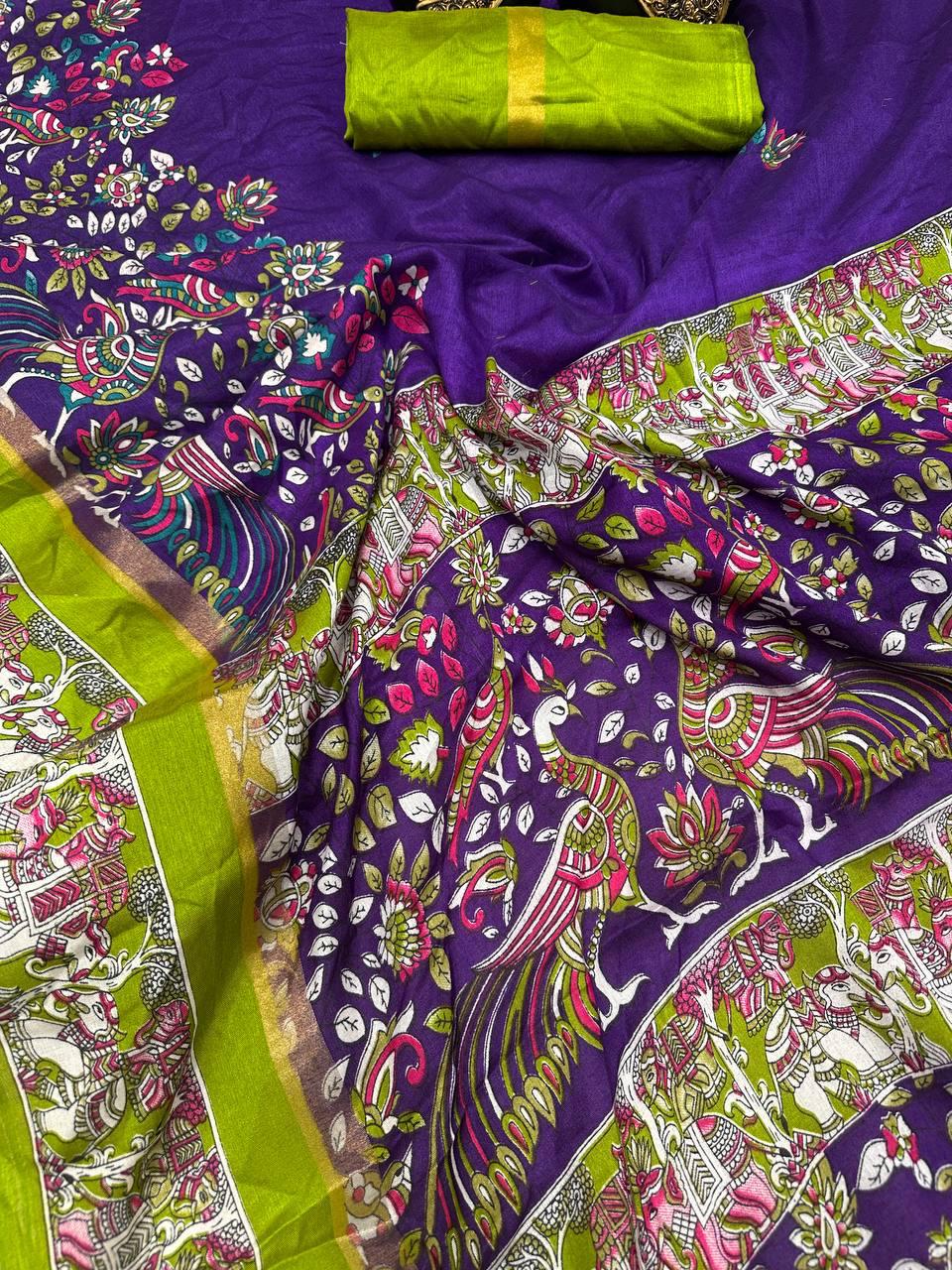 Diaphanous Royal Blue Digital Printed Dola Silk Saree With Ephemeral Blouse Piece