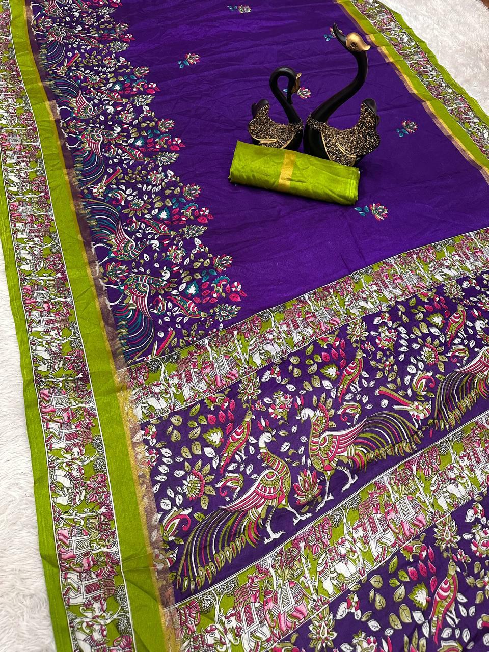 Diaphanous Royal Blue Digital Printed Dola Silk Saree With Ephemeral Blouse Piece