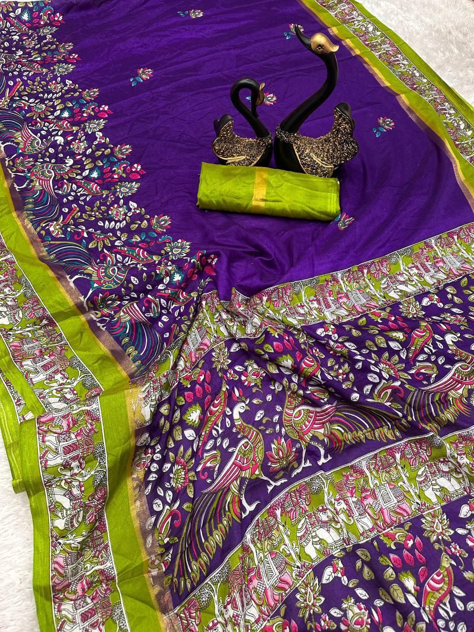 Diaphanous Royal Blue Digital Printed Dola Silk Saree With Ephemeral Blouse Piece