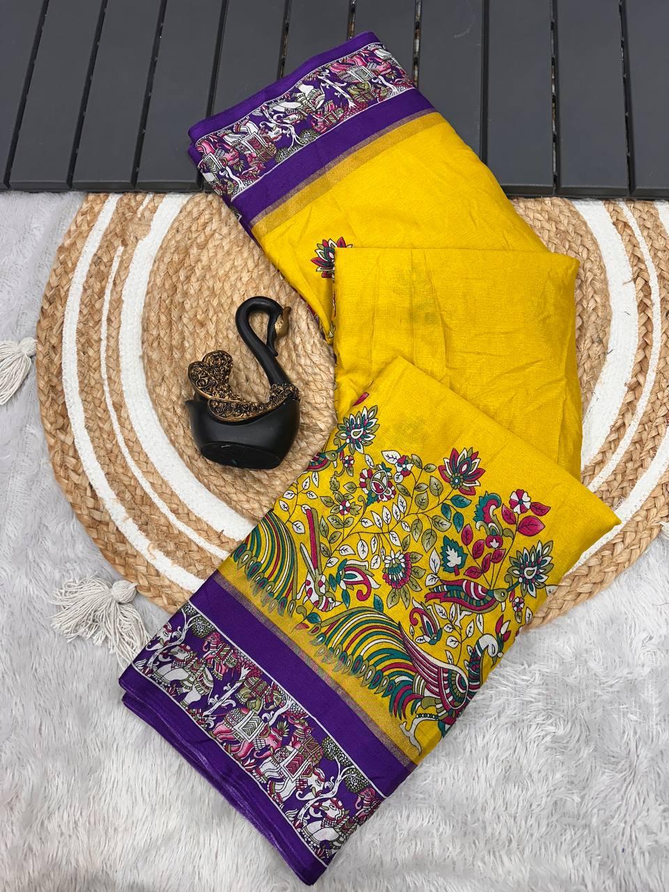 Murmurous Yellow Digital Printed Dola Silk Saree With Amiable Blouse Piece