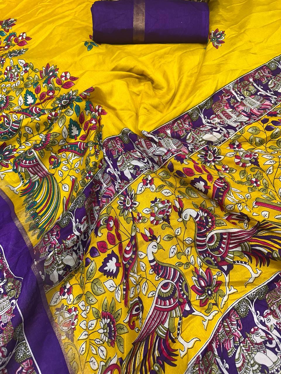 Murmurous Yellow Digital Printed Dola Silk Saree With Amiable Blouse Piece
