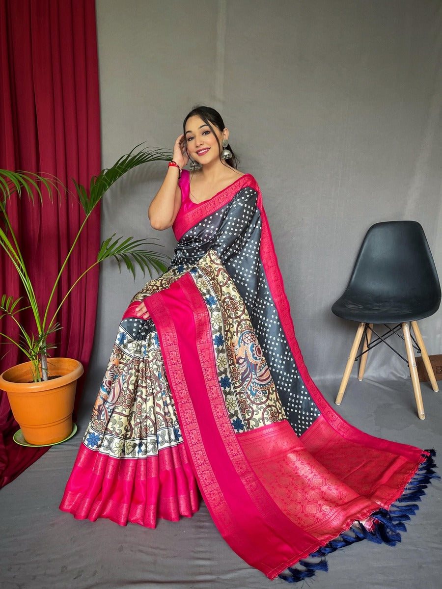 Devastating Black Digital Printed Satin Silk Saree With Nemesis Blouse Piece