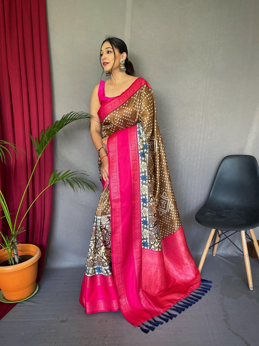 Lassitude Brown Digital Printed Satin Silk Saree With Ebullience Blouse Piece
