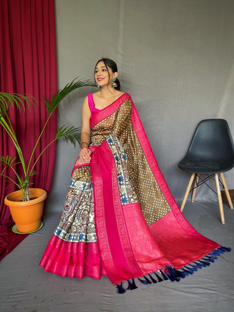 Lassitude Brown Digital Printed Satin Silk Saree With Ebullience Blouse Piece