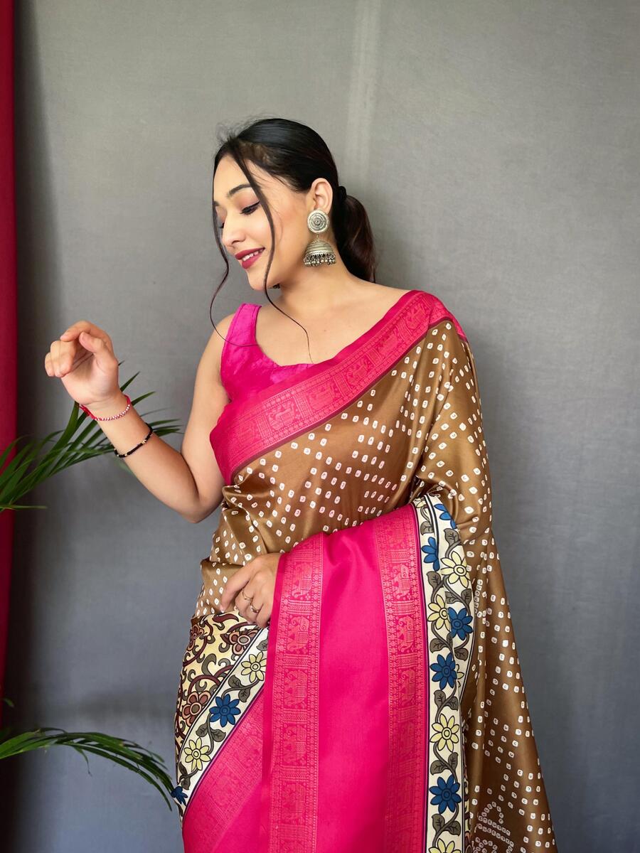 Lassitude Brown Digital Printed Satin Silk Saree With Ebullience Blouse Piece