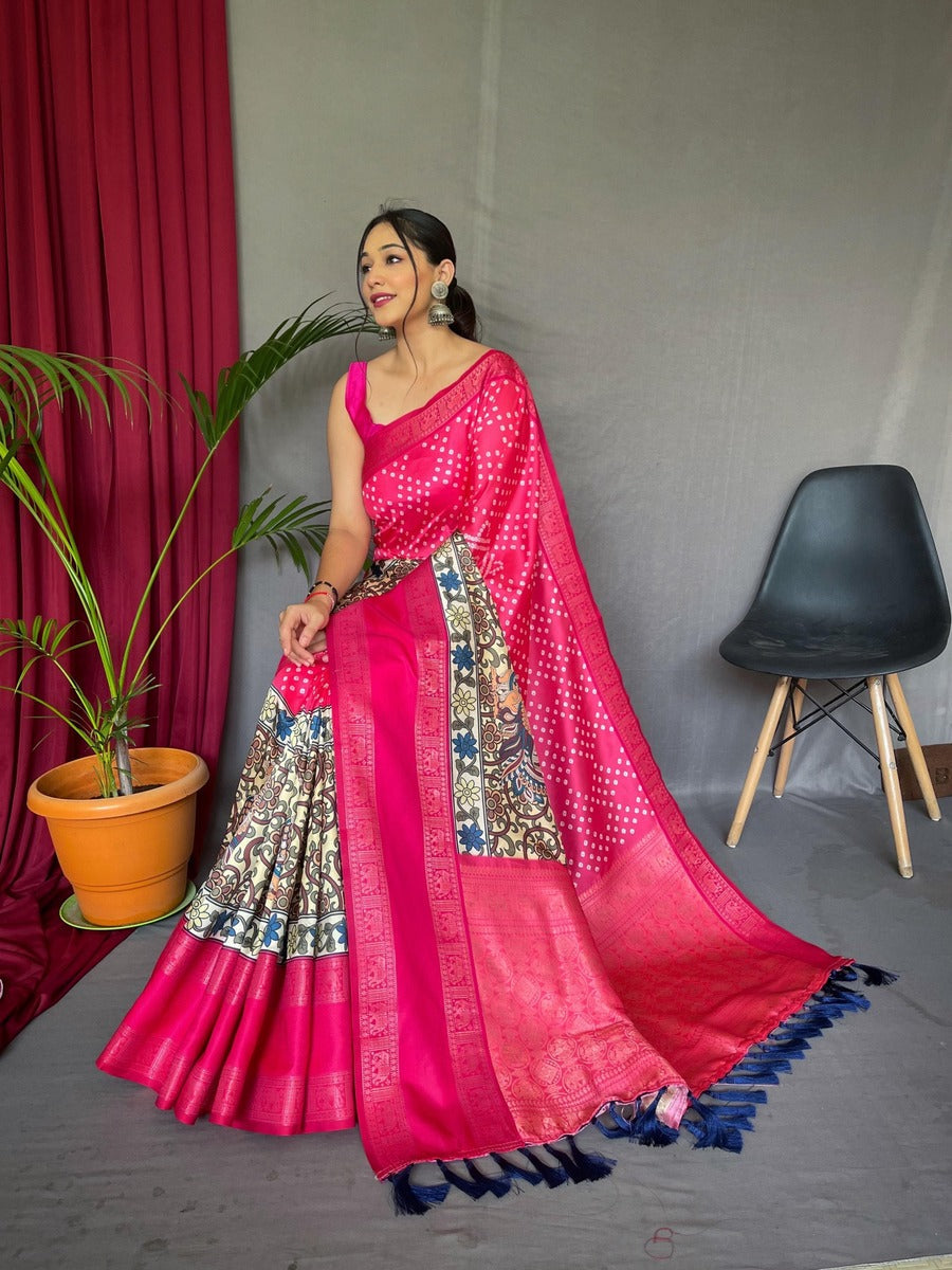 Demure Dark Pink Digital Printed Satin Silk Saree With Divine Blouse Piece