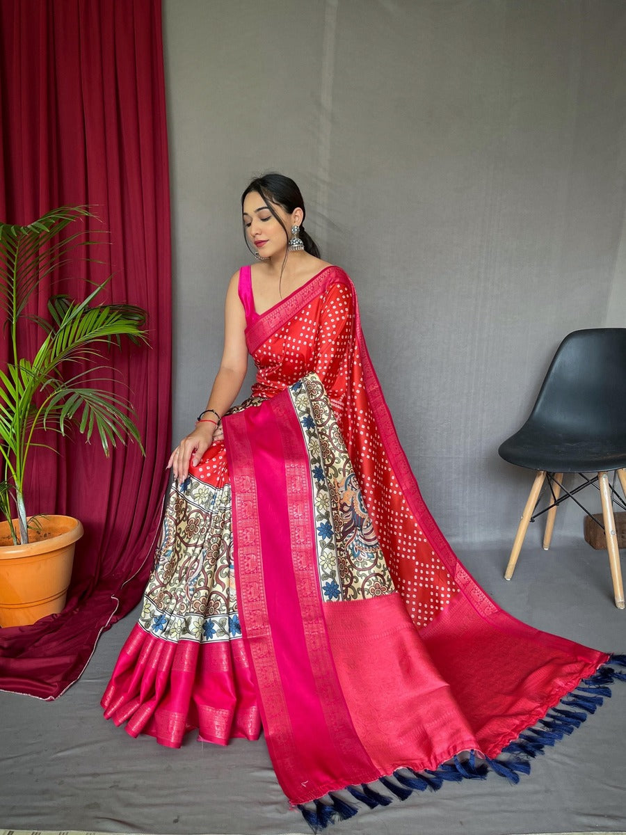 Hypnotic Red Digital Printed Satin Silk Saree With Beautiful Blouse Piece