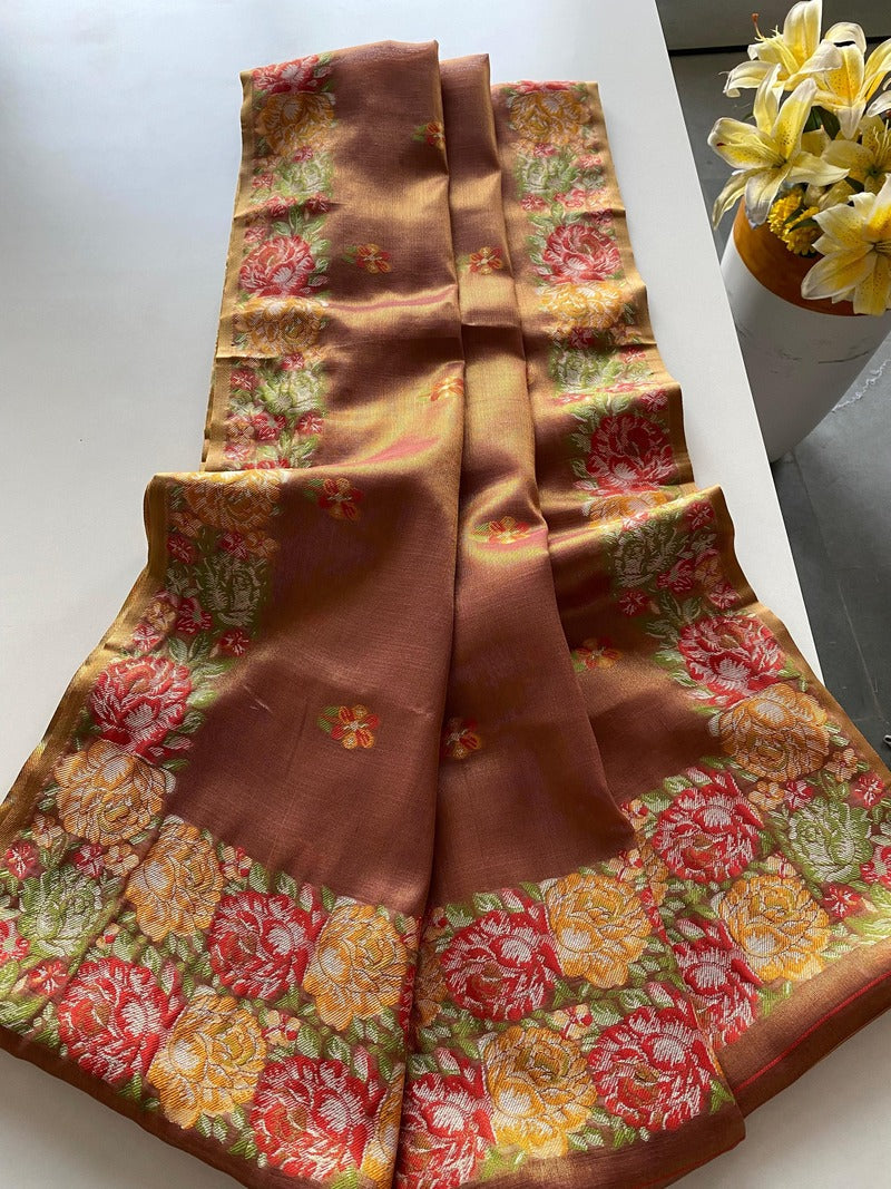 Sensational Brown Embroidery Work Tussar Silk Saree With Mesmerising Blouse Piece
