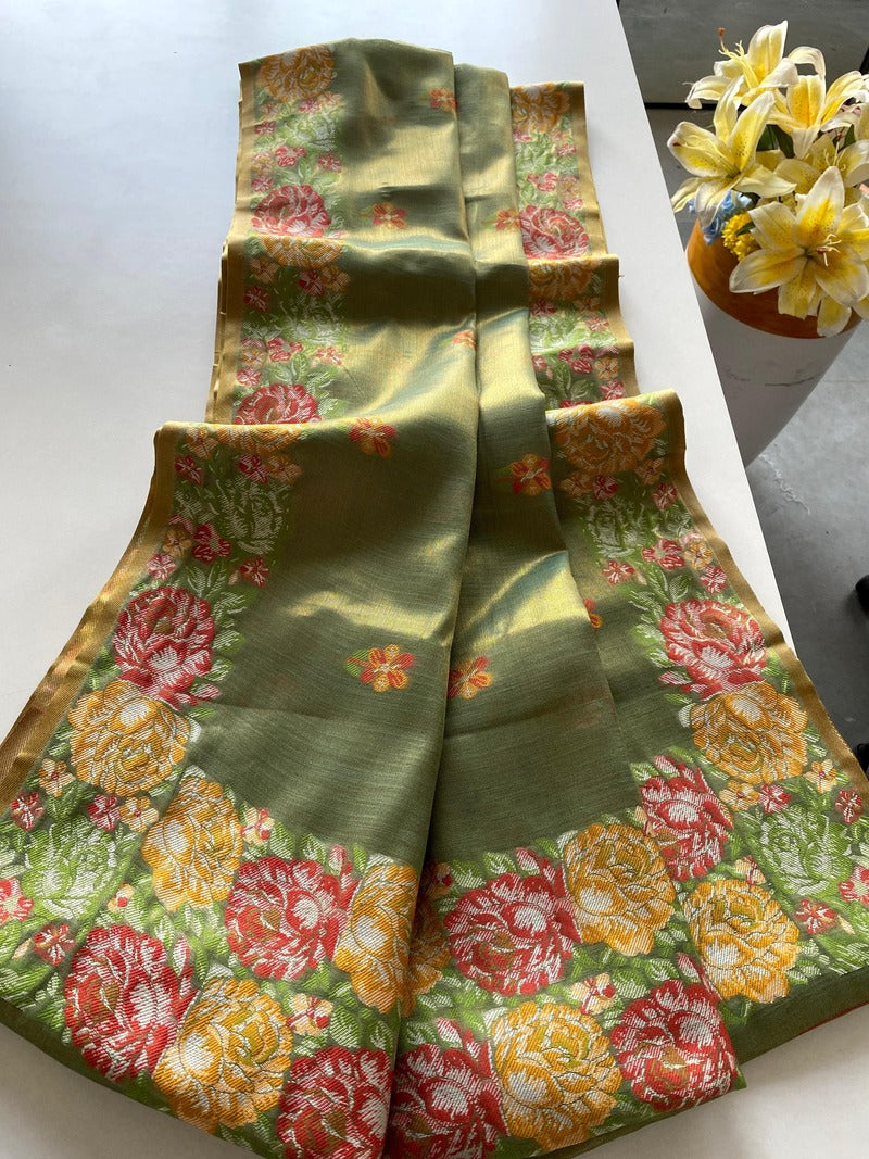 Staring Green Embroidery Work Tussar Silk Saree With Deserving Blouse Piece