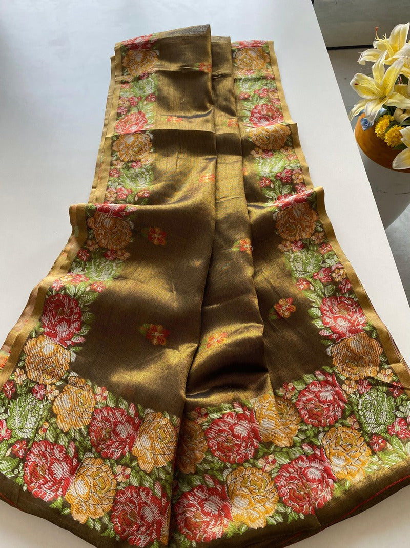 Demanding Mehndi Embroidery Work Tussar Silk Saree With Desiring Blouse Piece