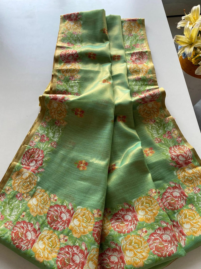 Adoring Pista Embroidery Work Tussar Silk Saree With Assemblage Blouse Piece