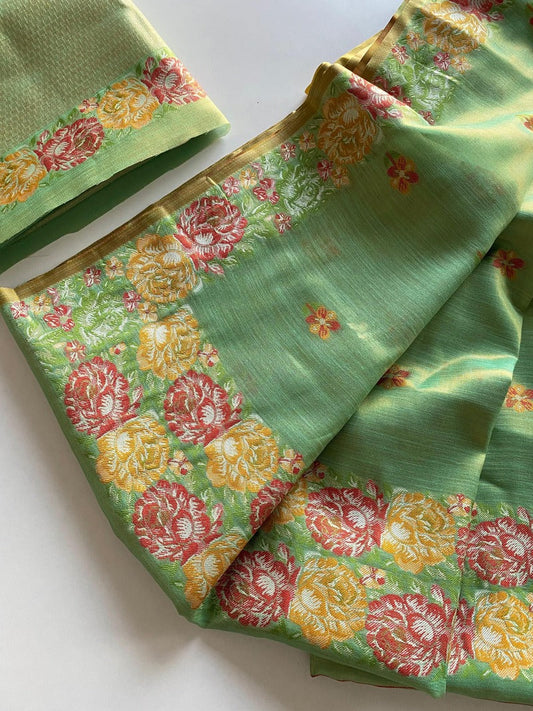 Adoring Pista Embroidery Work Tussar Silk Saree With Assemblage Blouse Piece