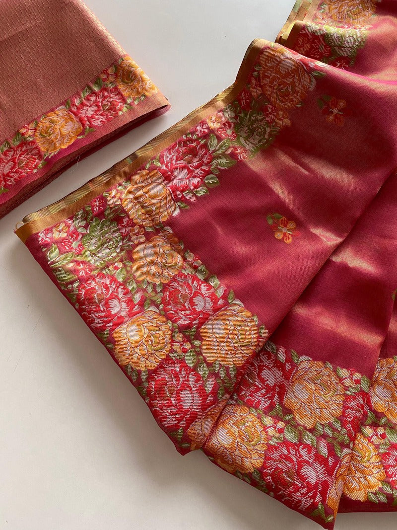 Dissemble Red Embroidery Work Tussar Silk Saree With Lissome Blouse Piece