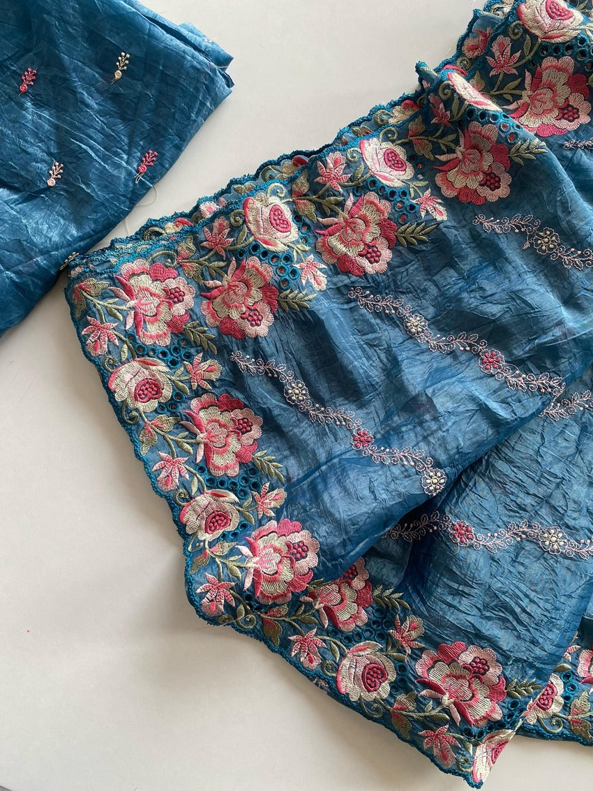 Dalliance Blue Embroidery Work Crush Silk Saree With Classic Blouse Piece