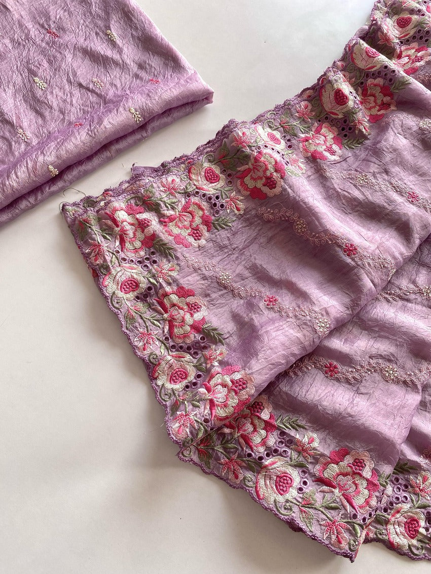 Murmurous Lavender Embroidery Work Crush Silk Saree With Ratatouille Blouse Piece