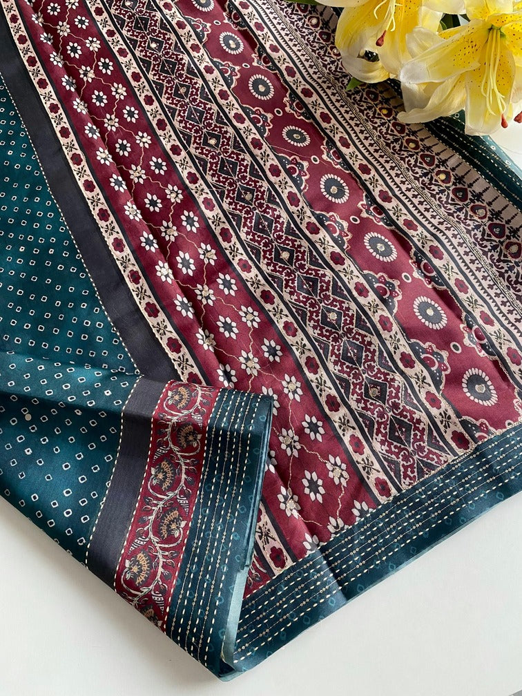 Traditional Rama Embroidery Work Soft Silk Saree With Excellent Blouse Piece