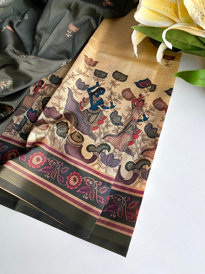 Ephemeral Beige Kalamkari Printed Viscose Dola Silk Saree With Beleaguer Blouse Piece