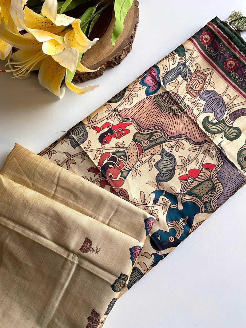 Ephemeral Beige Kalamkari Printed Viscose Dola Silk Saree With Beleaguer Blouse Piece