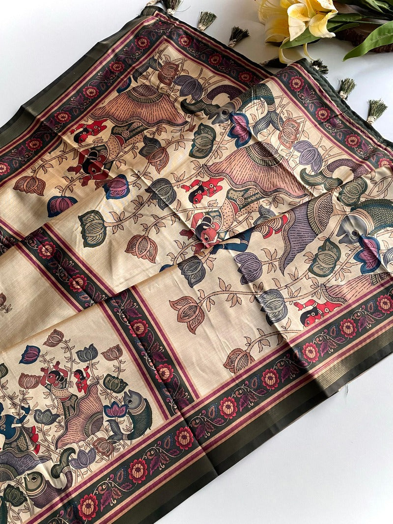 Ephemeral Beige Kalamkari Printed Viscose Dola Silk Saree With Beleaguer Blouse Piece