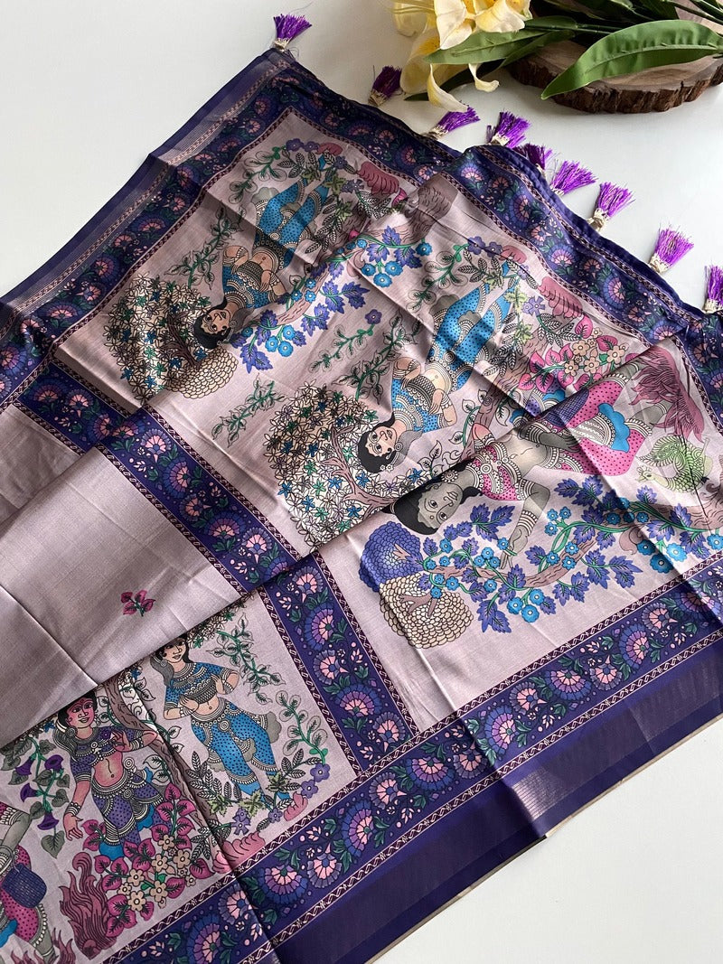 Stunner Lavender Kalamkari Printed Viscose Dola Silk Saree With Majesty Blouse Piece