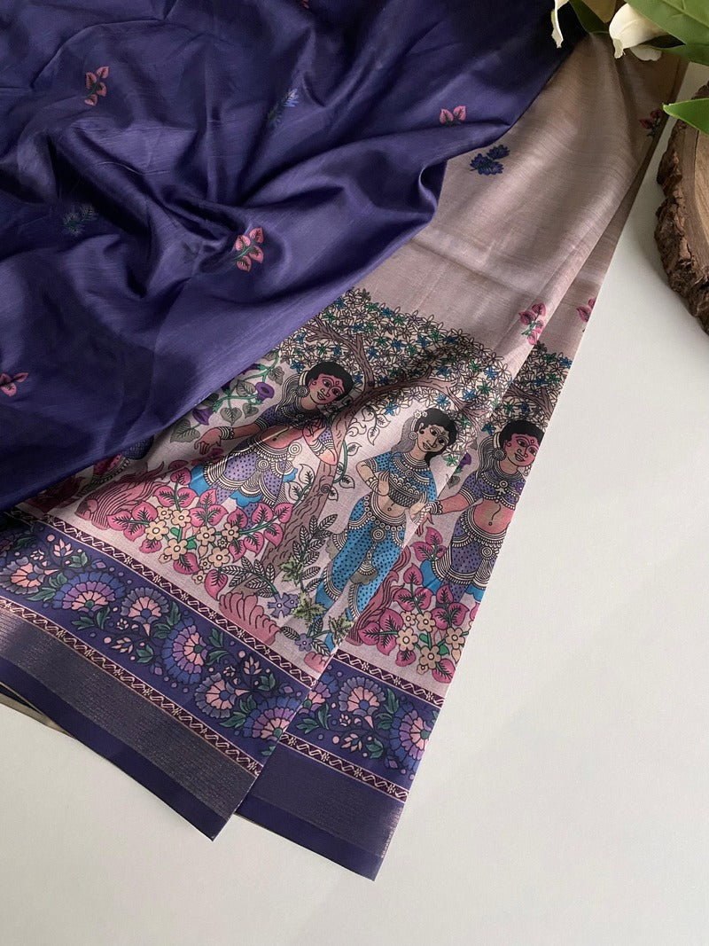 Stunner Lavender Kalamkari Printed Viscose Dola Silk Saree With Majesty Blouse Piece